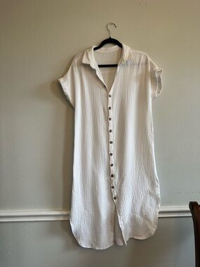 White Button-Front Cotton Gauze Shirt Dress size small
